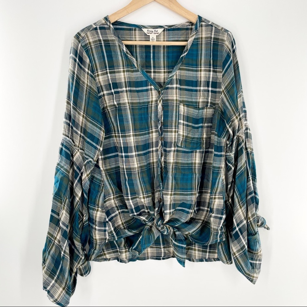 Krazy Kat Teal Plaid Tie Front Flared Sleeve Top M
